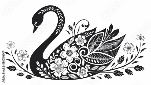 Elegant swan illustration with floral design elements