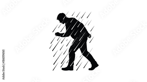 Silhouette of a man walking forward enduring a heavy downpour of rain depicted by diagonal black streaks against a stark white background illustrating adversity or challenge