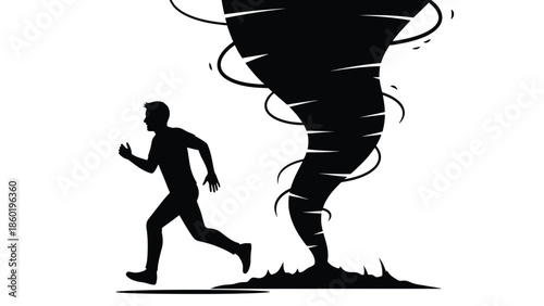 Silhouette of a desperate man urgently running away from a rapidly approaching massive tornado vortex illustrating natural disaster danger and survival instinct