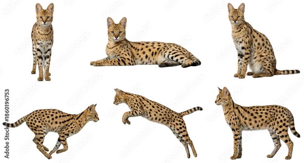 Obraz premium set of a serval in different poses, standing, jumping, sitting isolated on a transparent background