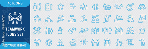Teamwork Line Icons Set with Business Collaboration, Leadership, Management, Meeting, Communication and Corporate Editable Stroke Vector