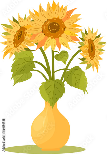 Cheerful bouquet of bright sunflowers arranged in a yellow ceramic vase. The illustration radiates warmth and positivity, making it a great fit for seasonal decor, greeting cards, botanical print.