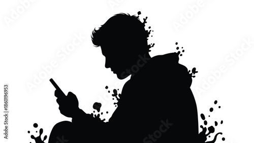 Silhouette of a young man in profile wearing a hoodie intensely focused while holding and interacting with a small smartphone device or mobile gadget against a stark white background.