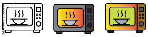 Steaming food inside a microwave oven icon in three different styles for cooking appliance