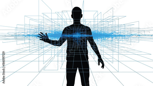 Silhouette of a person interacting with a complex abstract three dimensional wireframe structure representing digital information flow and advanced technology concepts