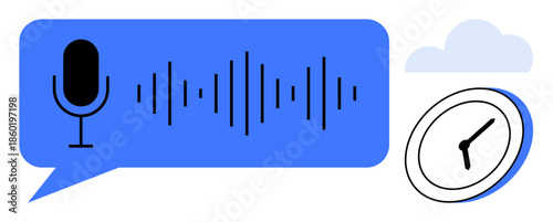 Voice recognition, time management, data recording, transcription, cloud computing, audio technology. Blue speech bubble with microphone and wave, clock and cloud. Voice recognition and time
