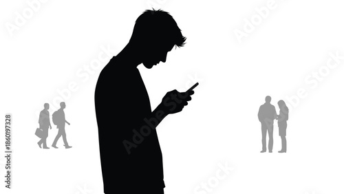 Silhouette of a young person engrossed in their smartphone screen while other blurry figures move around them symbolizing digital detachment in a busy world conceptualizing isolation