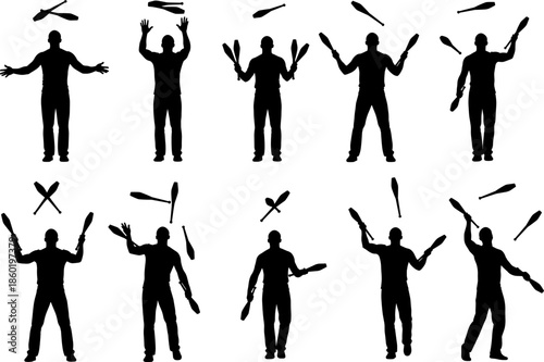 Silhouette juggling man performing dynamic club tricks in multiple action poses, showcasing skill, balance, coordination, and movement in a clean vector illustration for creative design projects