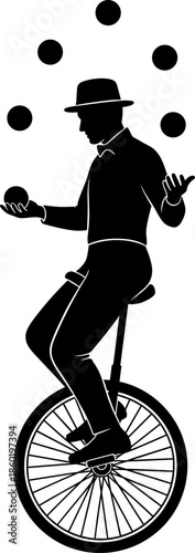 Silhouette of skilled circus performer juggling multiple balls while riding a unicycle, creative black vector illustration for entertainment, performance, balance, and artistic design themes