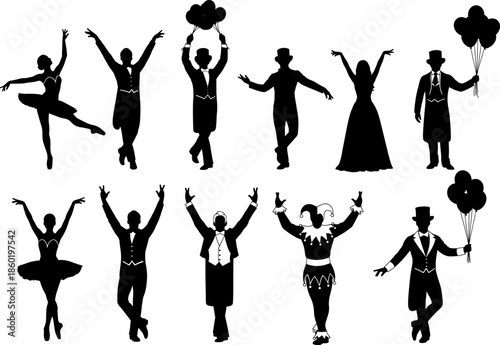 Silhouette vector illustration of elegant performers including dancers, jugglers, clowns, and entertainers posing with balloons in theatrical celebratory show collection, dramatic artistic design