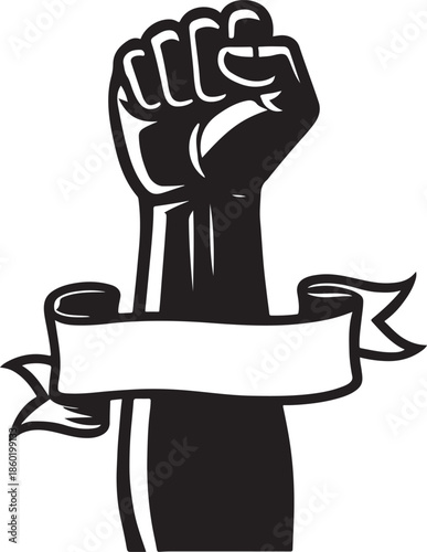 Fist with ribbon banner illustration for Labor Day in bold silhouette vector style, EPS.