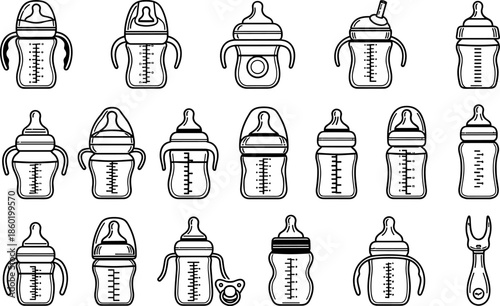 Baby bottle vector illustration set, infant feeding containers and nipples icons collection, black and white outline designs for childcare, nursery, parenting use