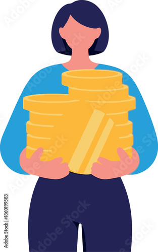 Woman Holding Gold Coins and Credit Card Financial Success Wealth Investment Illustration