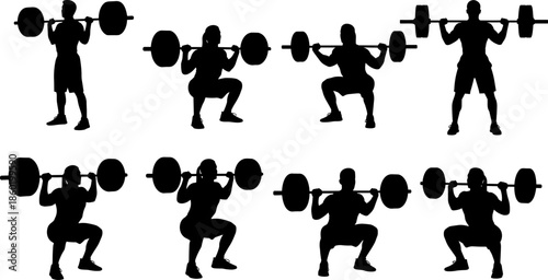 Barbell squat exercise silhouettes set, strength training workout sequence with weightlifting technique, gym fitness poses, black vector illustration isolated on white background
