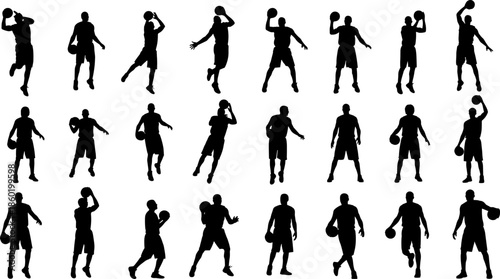 Basketball player silhouettes collection, dynamic sport action poses, athletes jumping, dribbling, shooting ball, black vector illustration set for training, fitness, competition