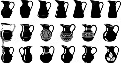 Black pitcher and jug silhouette vector set, ceramic pottery water vessels collection, vintage kitchen container illustration, decorative drinkware shapes isolated on white