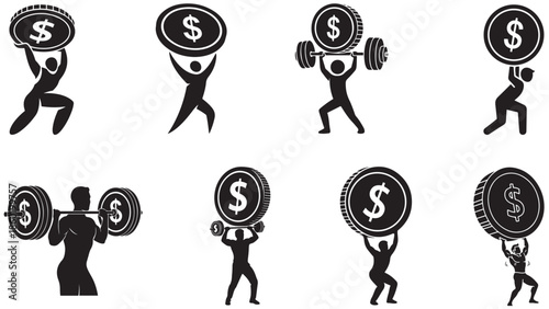 Vector set of minimal person silhouettes lifting a coin like a heavy weight symbolizing financial fitness wealth management and economic strength