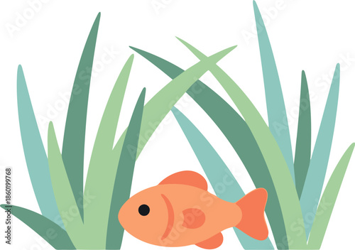 Cute Goldfish Swimming in Green Aquatic Plants Vector Illustration Isolated on White
