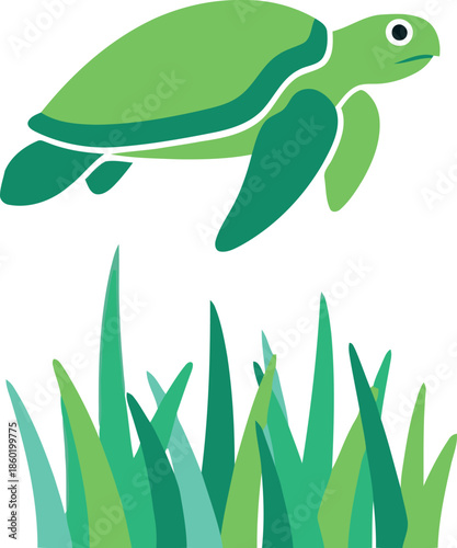 Фотография Vector Illustration of Green Sea Turtle Swimming Above Seagrass Isolated on Whit