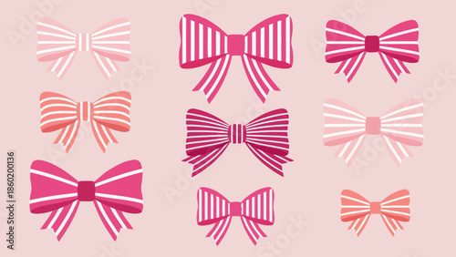 Collection of nine decorative pink and white striped bows, set against a soft pink background, showcasing a variety of sizes and arrangements