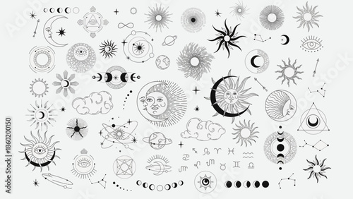 Elegant collection of mystical celestial symbols, featuring suns, moons, stars, and cosmic elements for spiritual and astrological designs