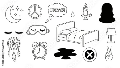 Dreamlike imagery sleep, symbols of peace, rest, and relaxation captured in a whimsical collection of icons and illustrations