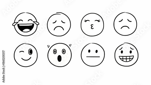 Collection of Hand-Drawn Emoticon Faces Expressing Various Emotions, Including Laughter, Sadness, Surprise, and Affection