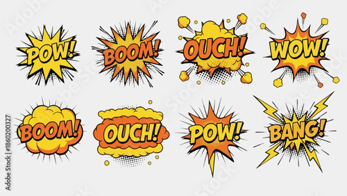 Comic book sound effects and speech bubbles, exciting explosions, POW, BOOM, WOW, BANG, OUCH