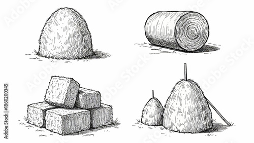 Collection of agricultural hay bale illustrations in various shapes and sizes, including round, square, and conical stacks