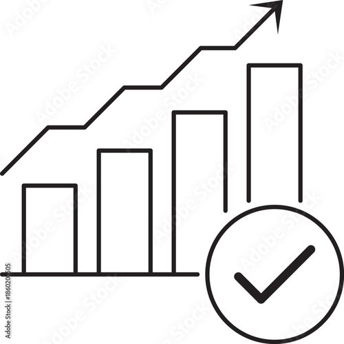 Minimalist line art business growth chart icon with rising bar graph, upward trend line and checkmark symbol for KPI success, performance improvement and positive results, clean vector outline.