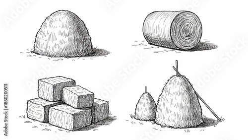 Hand-drawn illustrations showcasing diverse forms of dried hay and straw classic haystacks, round bales, and square bales, depicting rustic farm storage