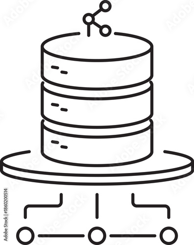 Minimalist outline icon of a central database distributing information to multiple endpoints. Clean  vector for cloud systems, API connections, backend architecture, SaaS data platforms.