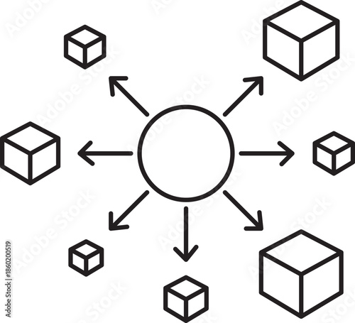 Central Hub Distribution Network Workflow Icon – Minimalist Line Vector