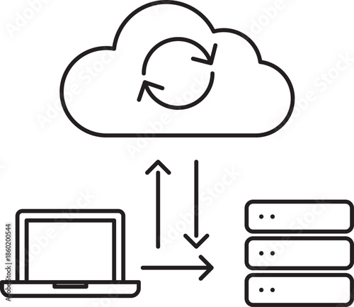Minimalist outline cloud synchronization icon showing data flow between laptop, cloud storage, and server systems. Upload, download, and sync arrows. Clean vector style for UI