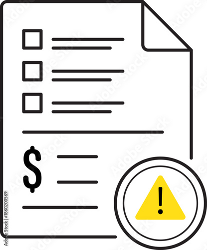 Minimalist invoice due icon featuring a black and white line art document with a yellow warning triangle and exclamation mark, signaling pending or overdue payment.