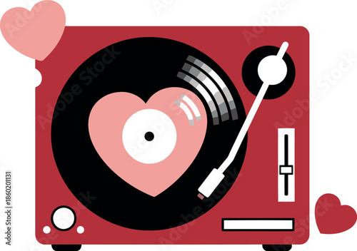 Romantic Vinyl Record Player Illustration with Heart Shaped Disc for Valentine’s Day Design