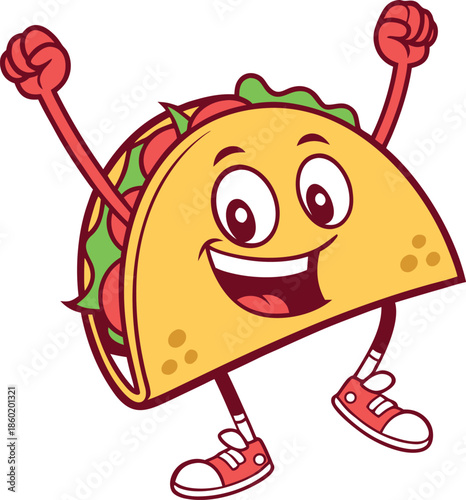 Happy cartoon taco character with raised fists and smiling face