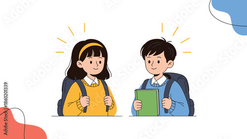 Two school children with backpacks and book standing together