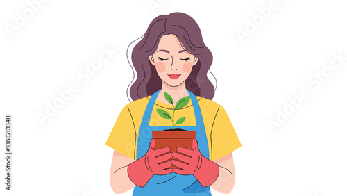 Woman in gardening gloves holding a small plant in a pot