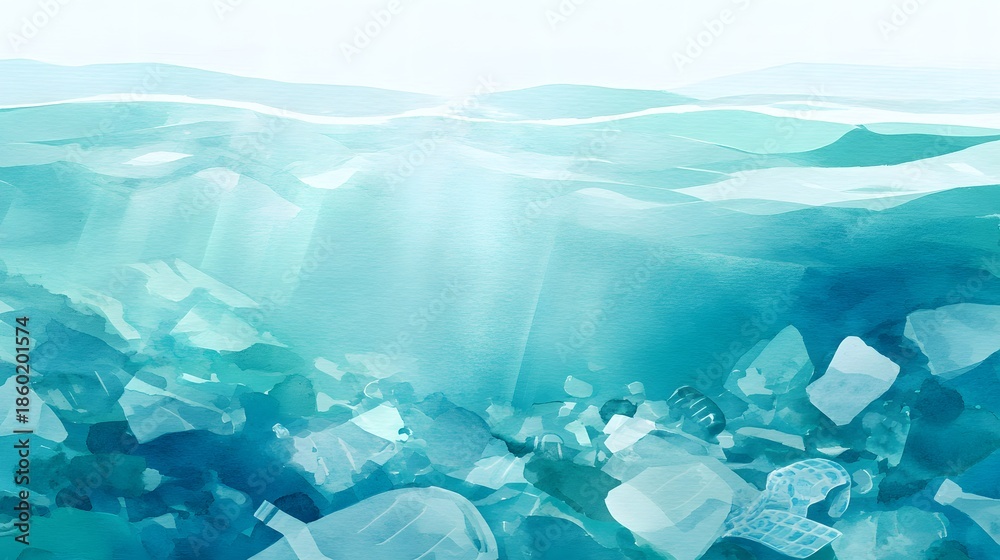 Fototapeta premium Ocean Pollution Watercolor Illustration Evokes Environmental Concern With Floating Plastic Debris