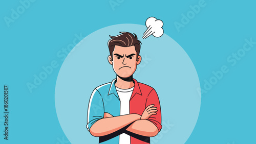 Angry young man with crossed arms and steam from ears