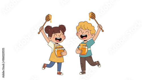 Happy children holding jars of honey and honey dippers