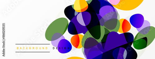 Abstract colorful blobs overlap white space. Modern design elements create dynamic visual texture. Bright hues dominate composition.