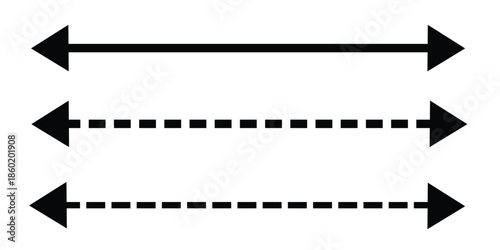Horizontal left right arrow set. Solid and dashed line arrows in minimal flat style. Direction and navigation indicator design. Vector illustration