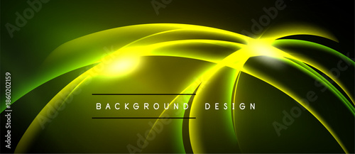Bright yellow neon curves over dark green background. Central glow radiates outward, creating dynamic visual effect. Text reads background design.