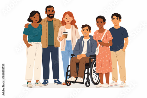 A group of smiling friends from different cultures share a peaceful moment together.