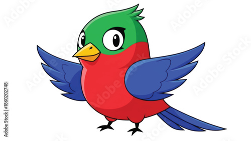 Colorful cartoon parrot character with red body blue wings and green head in playful illustration.