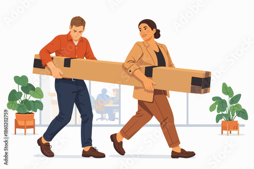 Cheerful and energetic colleagues collaborating by carrying a large package in an office environment.