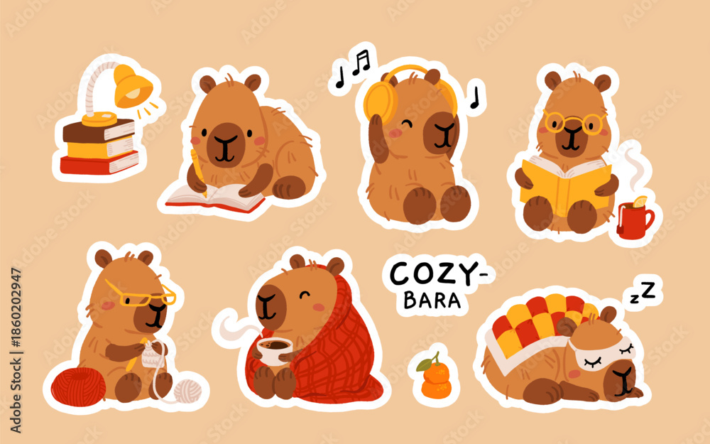 Fototapeta premium Cozy Capybara Hygge Set with Coffee, Books, Knitting and Relaxing Home Activities, Cute Flat Vector Cartoon Stickers Collection