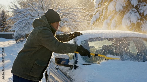 Young man scraping ice and brushing snow from car windshield on sunny frosty morning. Perfect for winter maintenance and transportation themes.